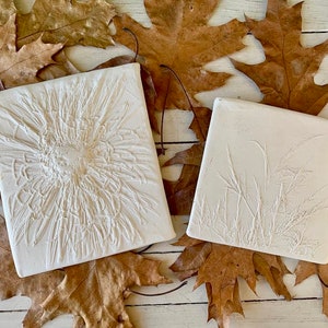 May include: Two white ceramic tiles with raised relief designs. One tile features a flower design, the other features a grass design. The tiles are surrounded by brown leaves.