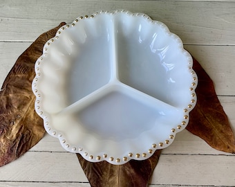 Vintage Milk Glass with Gold Dots Divided Dish Serving Plate