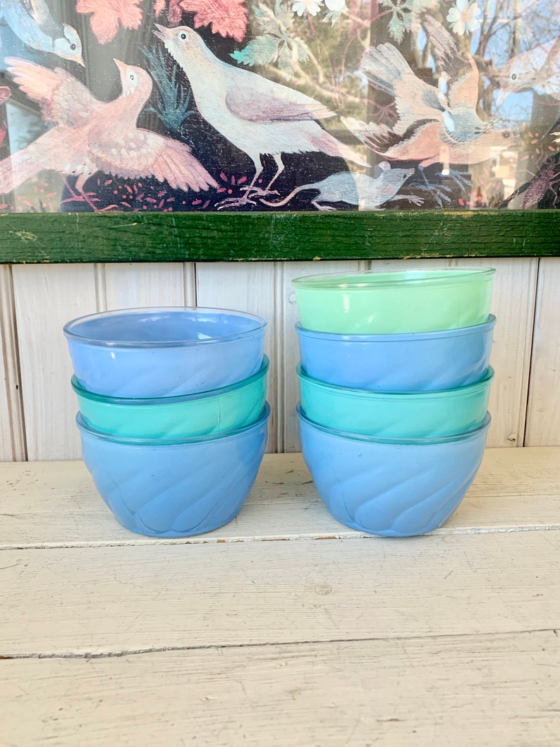 7 Frosted Glass Dessert Bowls Blue and Green image 6