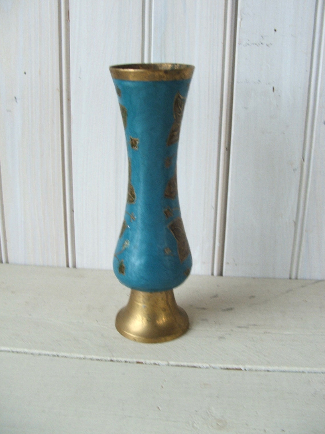 Vintage Enameled Brass Vase From India Ivy Leaves Etsy