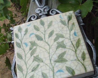 Vintage Leafy Trivet Ceramic Tile and Metal
