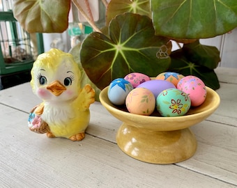 Vintage Easter Chick Figurine and Painted Clay Bird Eggs in Ceramic Dish