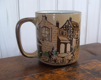 Vintage Brown Stoneware Pottery Mug with European Street Scene