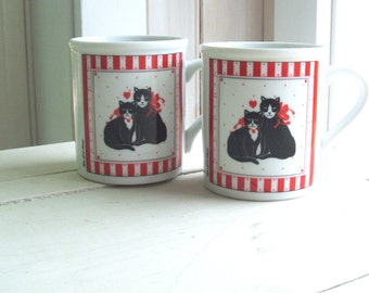 2 "Two of a Kind" Vintage Coffee Cups Mugs Red Black and White Cats by Papel Japan