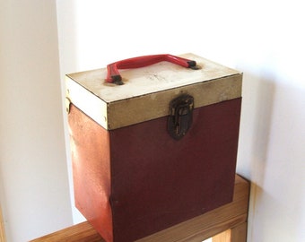 Mid Century Shabby Metal Record Box with plastic handle
