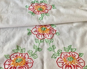 Vintage Embroidered Linen Runner with Red Flowers