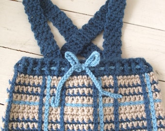 Handmade Crocheted Pants with Suspenders for Infant Baby or Doll ~ Navy Blue & Taupe Plaid