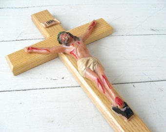 Vintage Crucifix Wood Cross and Resin Jesus INRI