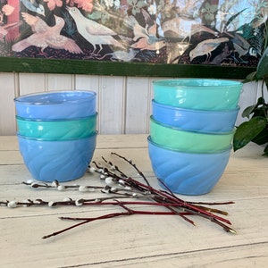 7 Frosted Glass Dessert Bowls Blue and Green image 1