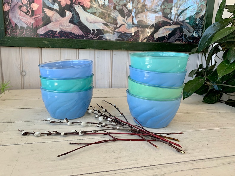 7 Frosted Glass Dessert Bowls Blue and Green image 1