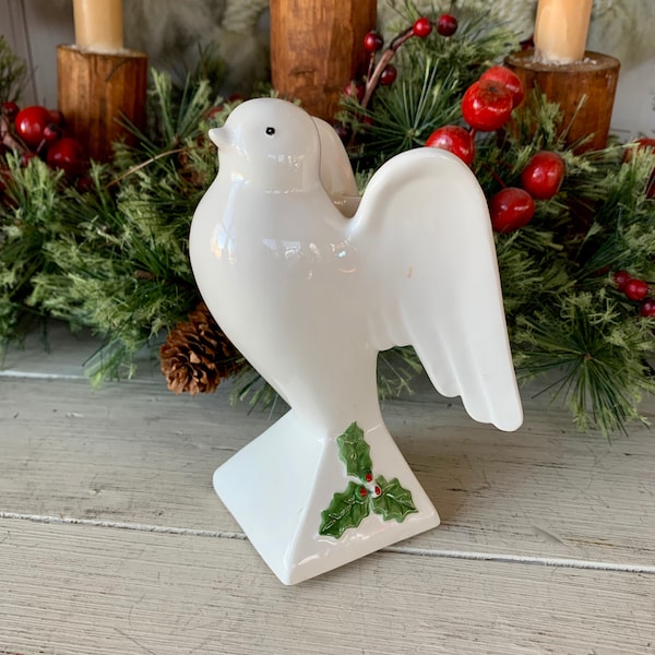1986 Lefton China Christmas White Dove with holly Candle Holder