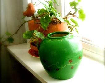 Vintage Handmade Clay Pot Vase green with red flowers