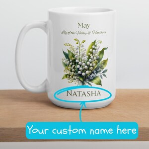 Custom Name | Birth Flower | Mug | May | Lilly of the Valley | Hawthorn | Personalised | Name | Birth Month | Gift | Birthday | Her
