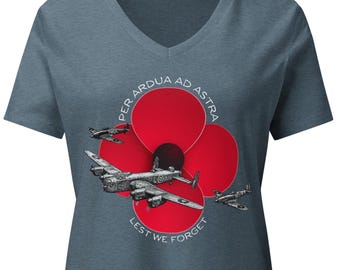 Battle of Britain Tshirt | Lancaster Bomber, Spitfire, Hurricane | WW2, RAF | Poppy, Remembrance | Ladies V-Neck Top