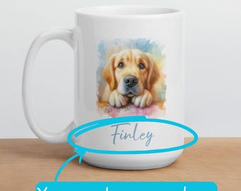 May include: White ceramic mug with a watercolor illustration of a golden retriever dog. The dog is looking at the camera with its paws resting on a table. The mug has a personalized name, "Finley", printed on the bottom.