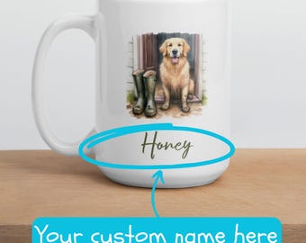 May include: White ceramic coffee mug with a golden retriever dog illustration. The dog is sitting in a doorway with green rain boots. The text "Honey" is written on the mug.
