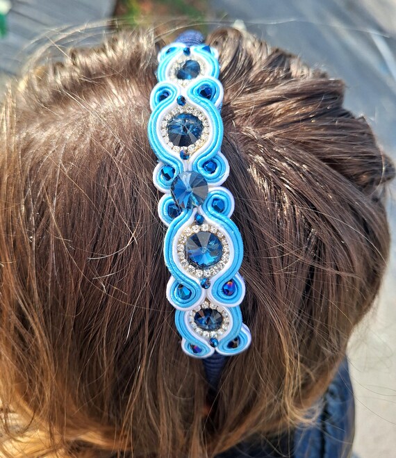 Handmade Navy Blue Soutache Headband – Swarovski Crystal  display picture 2
