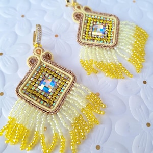 Luxury Handmade Soutache Earrings – Yellow Gold with Swarovski and Beads