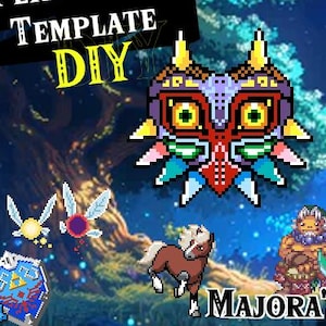 Può includere: Un modello di pixel art colorato per una Maschera di Majora del videogioco The Legend of Zelda. Il modello è progettato per l'uso con perline Perler. L'immagine include anche una luna con un viso, un cavallo e alcuni personaggi del gioco.