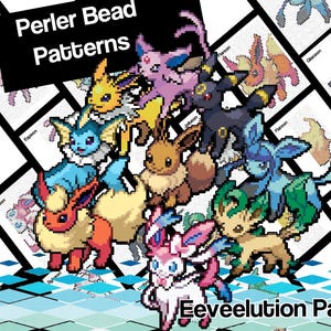 Könnte beinhalten: Perlenmuster für die Eevee-Entwicklungslinie. Die Muster umfassen Espeon, Umbreon, Flareon, Jolteon, Vaporeon, Leafeon, Glaceon und Sylveon.