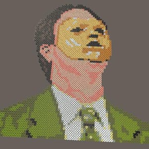 May include: A pixel art portrait of a person wearing a gold mask and a green suit. The person is looking up and has a serious expression.