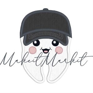 May include: A white tooth with a black baseball cap, smiling with pink cheeks and black eyes. The tooth is outlined in white.