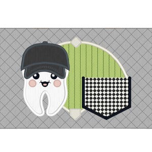 May include: A white tooth with a black baseball cap and a green and white striped pocket with a black and white checkered pattern.