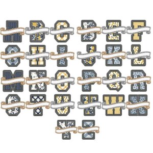 May include: A set of alphabet letters with a banner design. Each letter is in a different pattern, including floral, plaid, and gingham. The letters are in a navy blue, white, and yellow color scheme.