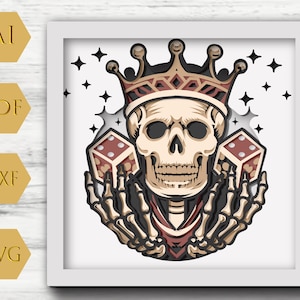 May include: A skull wearing a crown and holding two red dice. The skull has a skeletal hand on each side. The background is white with stars.