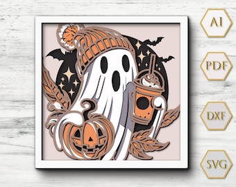 Scatola delle ombre di Halloween fantasma SVG: decorazione 3D in cartoncino a strati (download digitale)