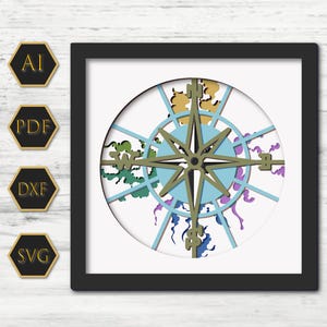 Boussole Shadow Box 3D Svg, carte du monde 3D Svg, boussole 3D Box Svg, boussole Svg Light Box, art cartonné en couches, modèle de boîte d'ombre