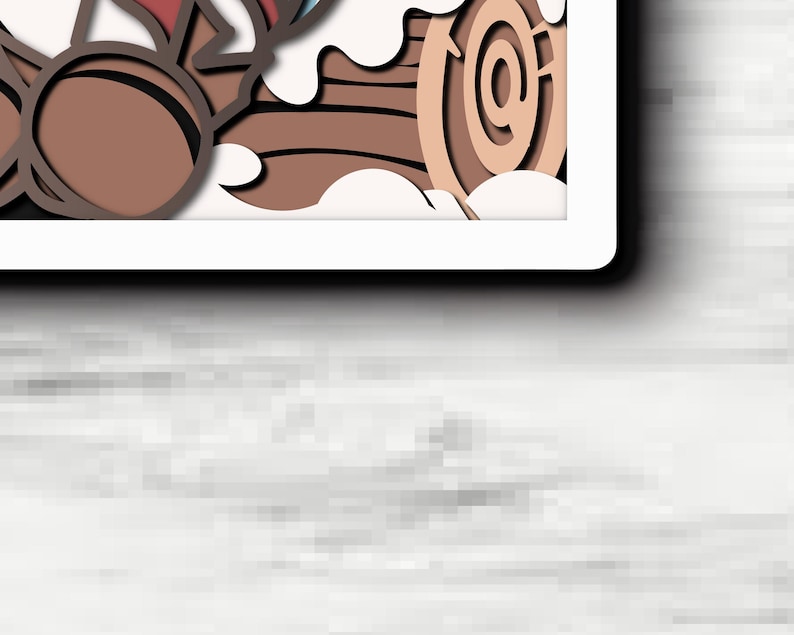 May include: A multi-layered paper art piece featuring a stylized brown log with circular grain patterns, accented by white cloud-like shapes and a dark red element, all framed within a white border against a light gray textured background.