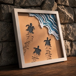 May include: A square framed wall art piece featuring a layered paper cut design of three dark sea turtles crawling across a tan sandy beach towards a blue and white ocean wave. The artwork is encased in a simple white frame with depth.