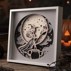 Witch Shadow Box SVG: Paper Cut Lightbox Template (Digital File, 8x8, 8 Layers)