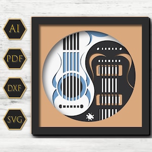 Archivos de caja de sombras de guitarra, archivos de plantilla de caja de luz de corte de papel, corte de papel de caja de sombras, archivo SVG de caja de luz de corte de papel 3D DIY, corte Cricut