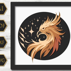 Modèle de boîte d'ombre Phoenix SVG, oiseau de feu et lune 3D SVG Shadowbox, papier cartonné en couches découpé pour Cricut, oiseau de feu SVG