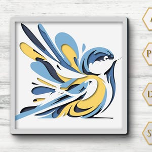 Può includere: Un'opera d'arte su carta incorniciata raffigurante un uccello stilizzato. Il design utilizza sfumature di blu, giallo e nero su sfondo bianco. La cornice bianca circonda l'opera, creando un'estetica moderna e grafica.