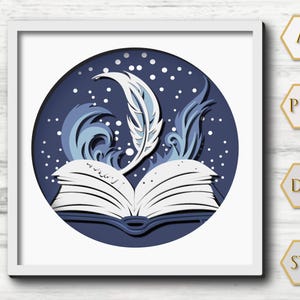 3D-Buch mit Feder Shadow Box, Floral Layered Paper Art, 3D Mandala, 3D SVG lesen, Für Cricut und Silhouette mit einfacher Anleitung