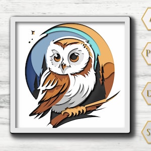 以下が含まれることがあります： 枝にとまっているフクロウを描いた、額入りの紙のアート作品。フクロウは白、茶色、オレンジ色で表現され、大きな目があります。背景には、木々のある青とオレンジの円形デザインがあり、レイヤー効果を生み出しています。
