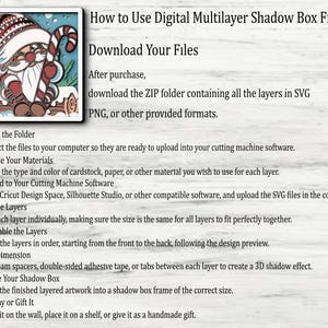 May include: A digital instruction guide for multilayer shadow box files featuring a graphic of a gnome in a Santa hat holding a candy cane. The text outlines sixteen steps for downloading, cutting, and assembling layered paper artwork.