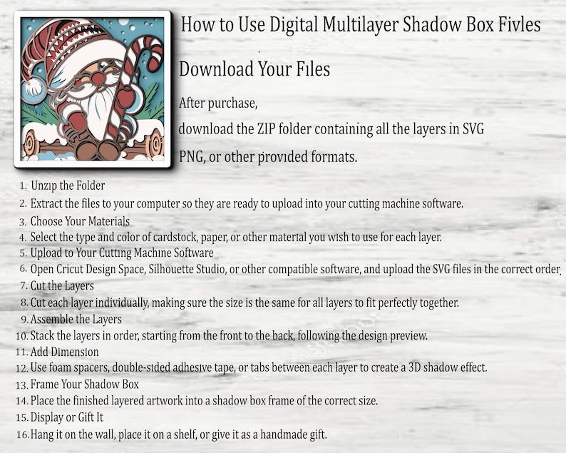 May include: A digital instruction guide for multilayer shadow box files featuring a graphic of a gnome in a Santa hat holding a candy cane. The text outlines sixteen steps for downloading, cutting, and assembling layered paper artwork.