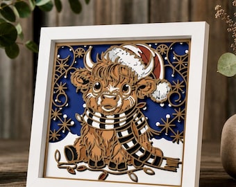 3D Highland Cow Christmas Shadow Box: Layered Papercut SVG, Cricut Files