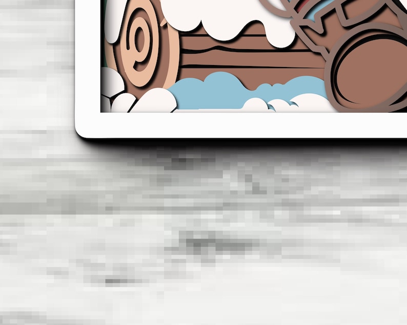 May include: A layered paper art piece featuring a brown wooden log design with a circular cross-section, accented by white cloud-like shapes and light blue waves, all enclosed within a clean white rectangular frame border.