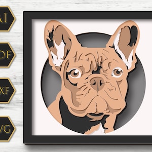 Französische Bulldogge Schattenbox-Dateien, Papierschnitt Lichtbox Vorlagendateien, Schattenbox Papierschnitt, 3D Papierschnitt Licht Box SVG-Datei DIY
