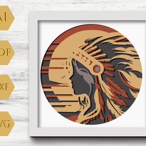 May include: A layered paper cut design of a Native American woman wearing a headdress with feathers. The background is a sunset with orange, red, and yellow colors.