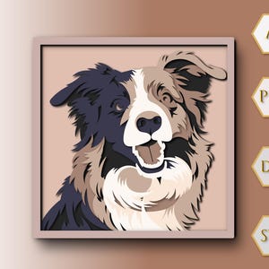 Könnte beinhalten: Ein gerahmtes Papierkunstwerk mit einer mehrschichtigen Illustration eines Border Collie-Hundes. Das Fell des Hundes ist in Schwarz-, Weiß- und Beigetönen dargestellt. Das Kunstwerk ist vor einem hellrosa Hintergrund platziert und in einem hellbraunen Rahmen gerahmt.