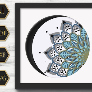 Mandala fleur 3D lune SVG, multicouche pour laser, SVG pour projet Cricut, art mural mandala lune soleil, panneau de mariage, boîte ombre lune