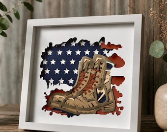 Caja de sombras con botas militares SVG: Diseño patriótico del 4 de julio (Descarga digital)