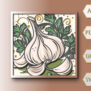 May include: A detailed illustration of a garlic bulb with green leaves and gold accents, set within a white frame. The design is layered, creating a 3D effect. File formats AI, PDF, DXF, and SVG are available.