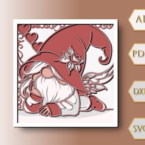 May include: A layered paper art piece featuring a gnome with a red hat and white beard, angel wings, and a rose. The gnome is set against a white background with heart accents. The image includes file type icons: AI, PDF, DXF, and SVG.